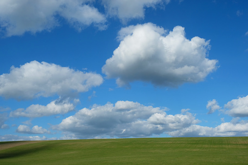 Wispy cumulus clouds over rich green pasture