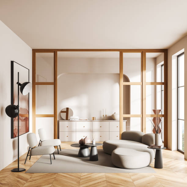 istock White living room with niche, armchairs and sofa 1482802843