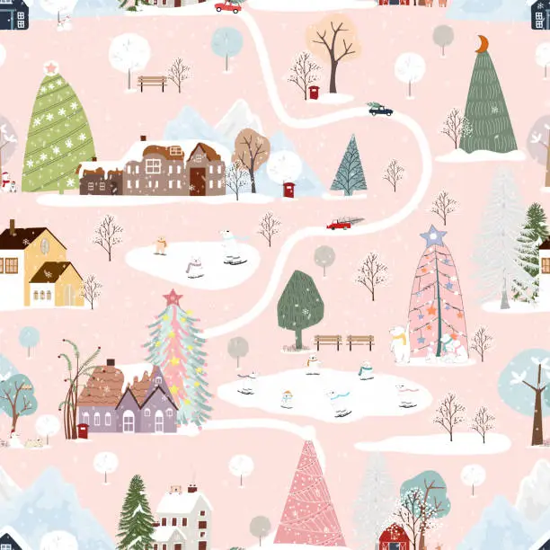 Vector illustration of Seamless pattern Winter, Christmas landscape in the town with pine tree,fairy tale house,car,polar bear playing ice skate,Vector cute cartoon design Village on Christmas eve,New year 2024 background