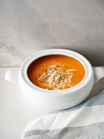 Tomato soup, Food and drink, Tomato, Soup, Cheese,  Color Image, Crockery, Dinner, Gazpacho, Cream - Dairy Product, Cooking, Soup Bowl