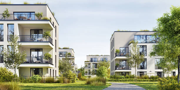 modernes apartment-gebäude - geplante wohnsiedlung stock-fotos und bilder