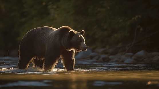 Pesca de osos en un río que fluye photo