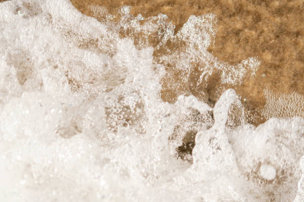 A thin layer of clear water over the sand. A seaside or ecology-themed background with clear sea water over a sandy bottom.