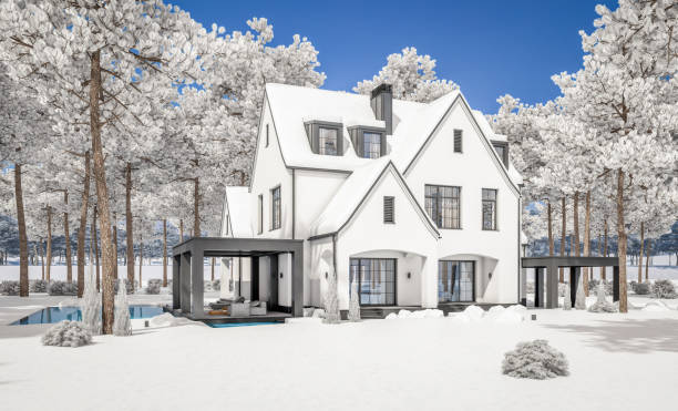 representación 3d de la moderna casa tudor blanca y negra en el día de invierno - mansion tudor style non urban scene residential structure fotografías e imágenes de stock