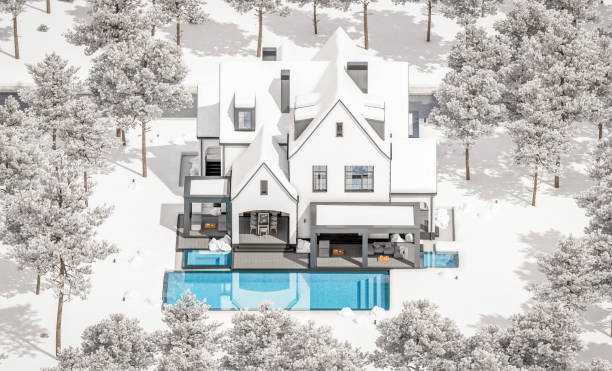 representación 3d de la moderna casa tudor blanca y negra en el día de invierno - house residential structure non urban scene tudor style fotografías e imágenes de stock
