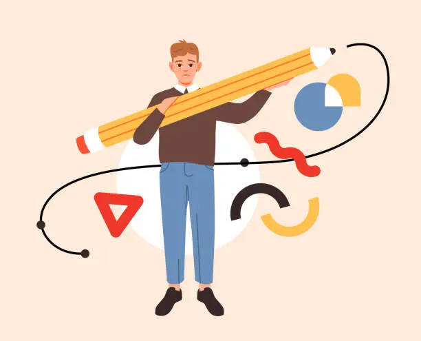 Vector illustration of Graphic designer concept. Man holding big pencil. Creative illustrator at work process. Flat illustration.