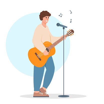 Young man musician playing guitar and singing. Music profession or art creative hobby concept. Vector cartoon or flat character illustration.