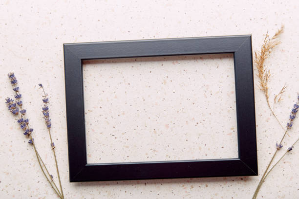 istock Empty interior black wall frame mockup, minimalist fine art template with lavender and cane 1482808619