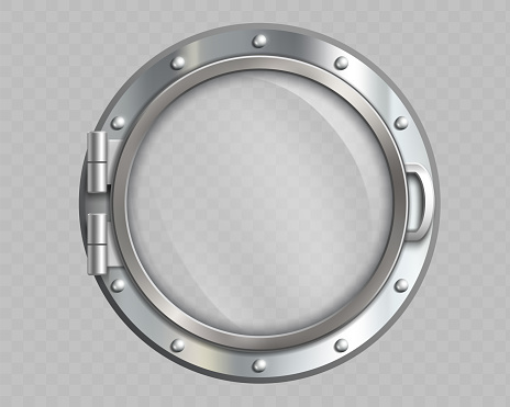 Metal round porthole with glass window. Vector template isolated on transparent background.