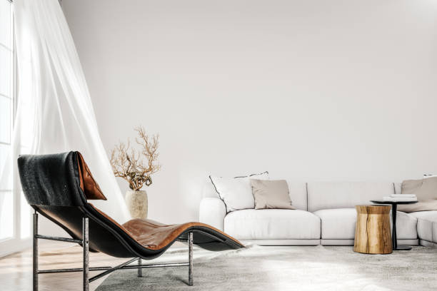 modern white interior with brown leather armchair and empty mockup wall background - armchair sofa leather brown imagens e fotografias de stock