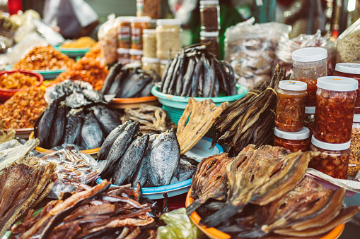 arrangement of dried fish at street market in the Mekong Delta, Vietnam