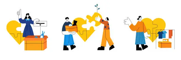 Vector illustration of Set of colored cartoon characters of young people volunteering together