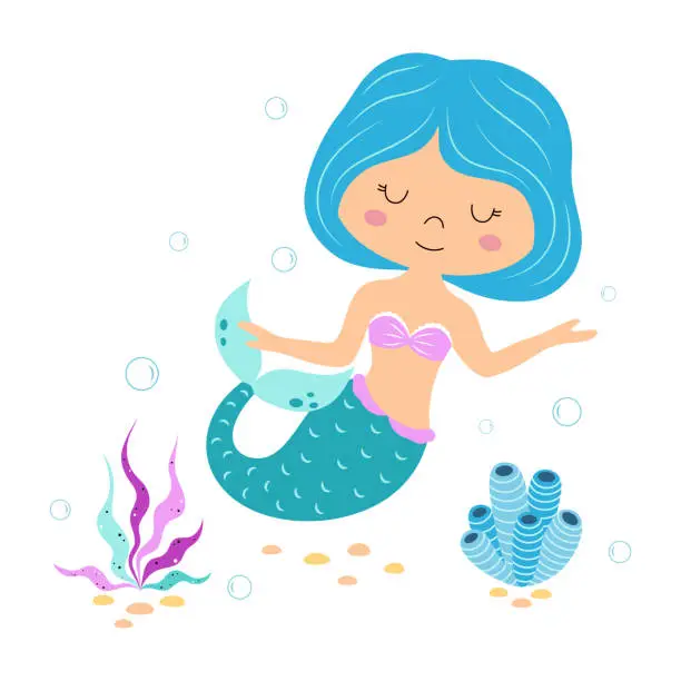 Vector illustration of card with cute little mermaid and marine life