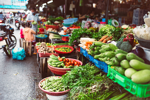 arrangement of fresh vegetables at farmers market in Vietnam