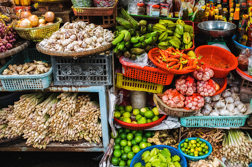 arrangement of fresh vegetables at farmers market in Vietnam