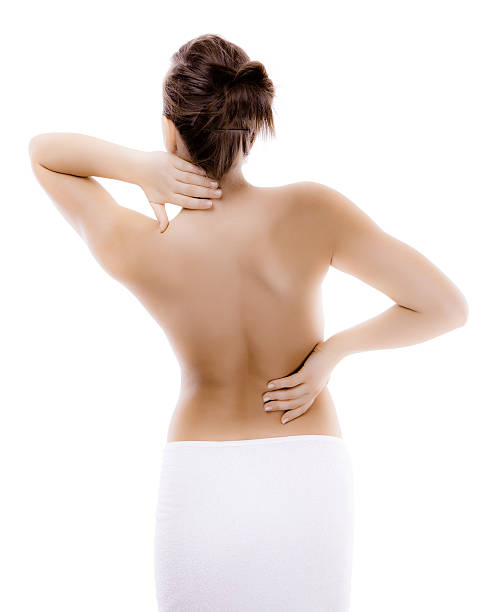 istock Woman massaging pain back isolated on white background 148281729