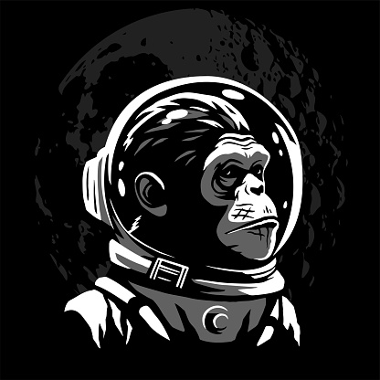 A monkey astronaut in a spacesuit with a helmet stands against the moon. Chimpanzee astronaut. Vector illustration.