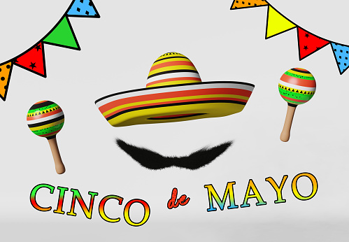 Cinco de Mayo holiday festival celebration Maracas mariachi music instrument sombrero hat mustache 3D rendering greeting card.Viva Mexico national songs traditional spanish culture festive advertising