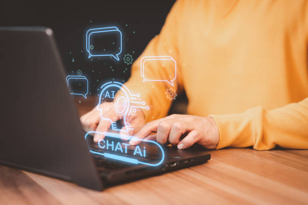 istock Chatbot Chat with AI, Artificial Intelligence. Adult man chatting with a smart AI or artificial intelligence using an artificial intelligence chatbot developed, Futuristic technology transformation. 1482819547