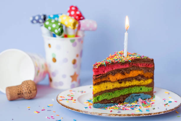 istock Rainbow birthday cake decorated with a festive candle and confetti. Confectionery. Multicolored dessert in the color of the rainbow on a blue background. 1482819765