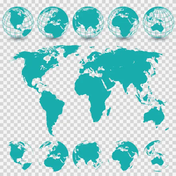 Vector illustration of Globe Set and World Map. Transparent background.