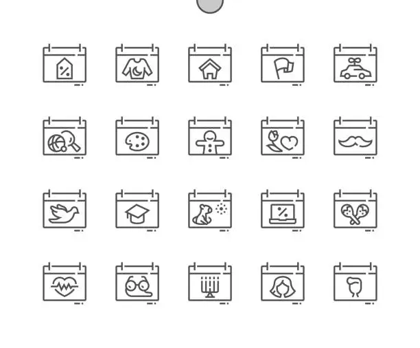 Vector illustration of Calendar holidays. Event date. Mothers day, education day, cyber monday, cinco de maye. Pixel Perfect Vector Thin Line Icons. Simple Minimal Pictogram