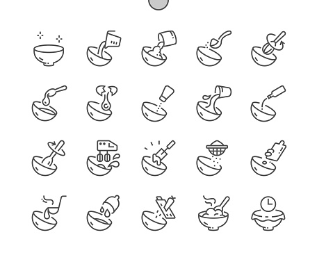 Cooking bowl steps. Recipes. Adding spice, instruction, pouring into bowl, whisk eggs. Cooking time. Pixel Perfect Vector Thin Line Icons. Simple Minimal Pictogram