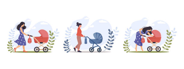 matki spacerujące z wózkami w parku - mother baby carriage women walking stock illustrations