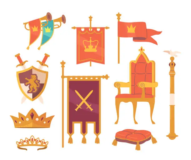 Vector illustration of Set Of Coronation Attributes. Magnificent Regal Crown And Tiara, Royal Staff, Throne, Pillow And Flag, Coat Of Arms