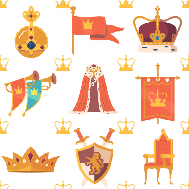 бесшовный узор с коронационными атрибутами отличается царственной золотой и белой цветовой гаммой, с замысловатыми мотивами корон - kingdom stock illustrations
