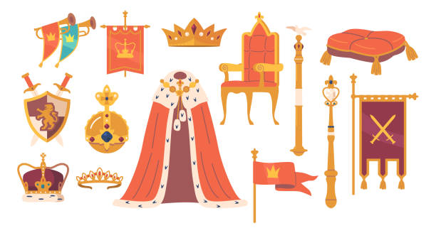 illustrations, cliparts, dessins animés et icônes de l’ensemble de couronnement du roi ou de la reine représente des attributs opulents tels que la tiare ornée de bijoux, la couronne, la baguette dorée et la robe majestueuse - roi-monarque