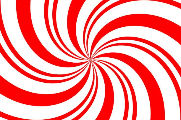 Vector illustration of Red and white spiral background. Candy cane colors whirl backdrop. Abstract striped vintage pattern.