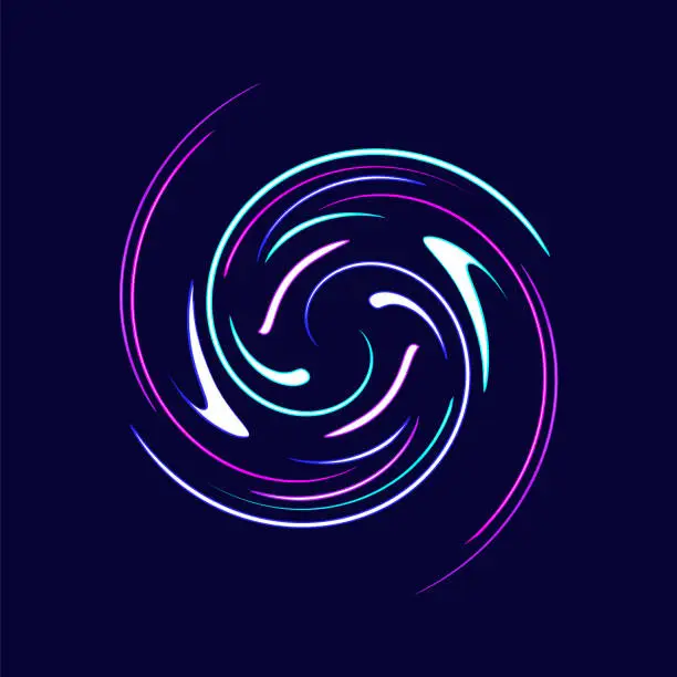 Vector illustration of Neon whirl. Abstract random spiral. Glowing circle. Bright colors swirl on a dark blue background.