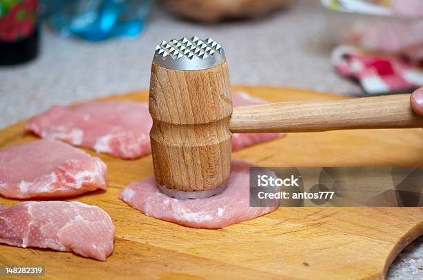 Tenderize Slabs Of Meat On Wooden Board Stock Photo - Download Image Now - Beef, Block Shape, Close-up