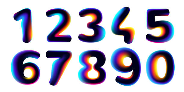 Numbers 0 to 9 with neon glitch. Multicolor gradient signs with double exposure and illusion effect. Glowing color shift vector icons. Perfect for your vibrant heading, game screens, Sale banner. zero errors stock illustrations