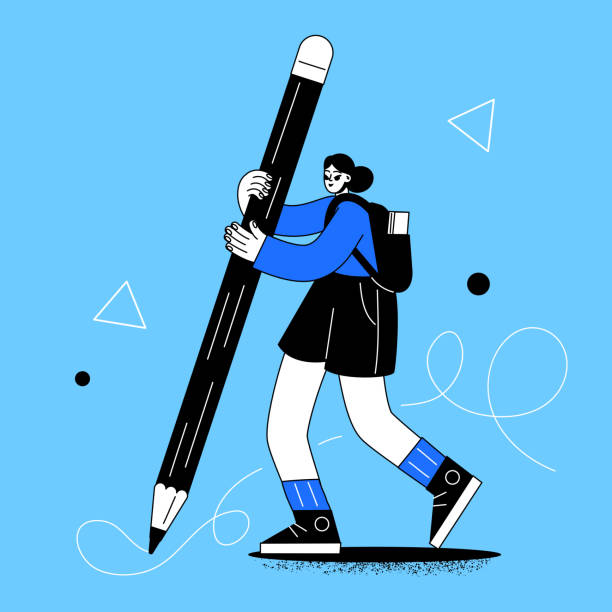 istock A flat student stands and holds a pencil. Women study and write. Girl artist, illustrator draws 1482824708