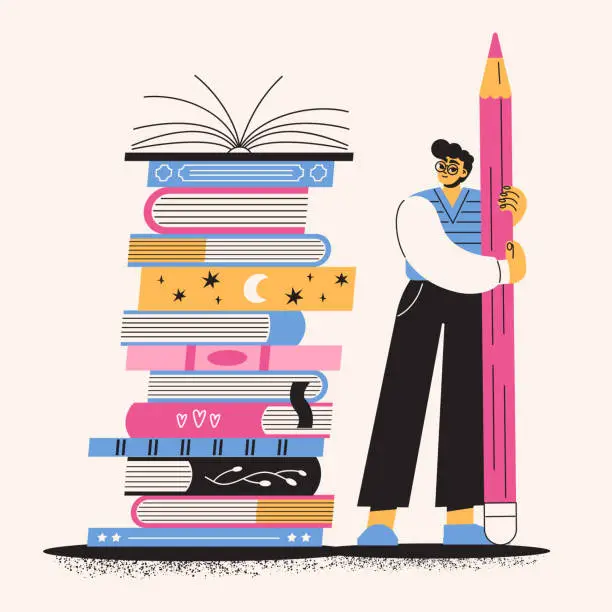 Vector illustration of A flat student stands and holds a pencil. Men study and write. The guy is an artist, illustrator, books