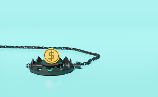 Bear Trap with money coin dollar isolated on blue background. business trap, scammer concept, 3d illustration, 3d render