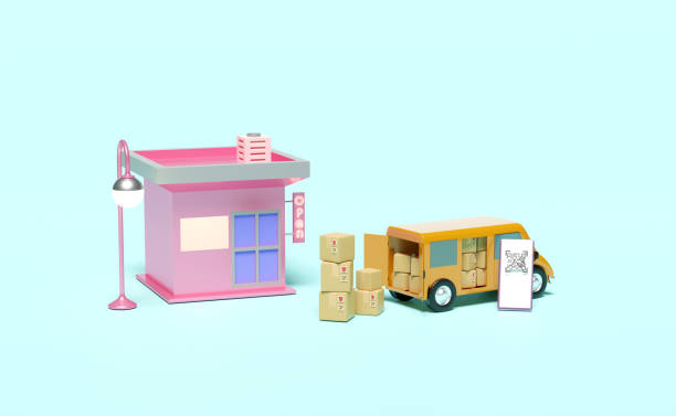 istock 3d delivery van with store front, mobile phone, smartphone, qr code scanning, goods cardboard box isolated on blue background. service, transportation, shipping concept, 3d render illustration 1482824931
