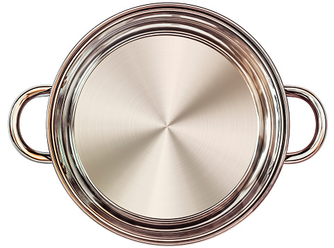 Studio shot of empty stainless steel Stew Pot with handles, without lid, isolated on white background, viewed directly above.