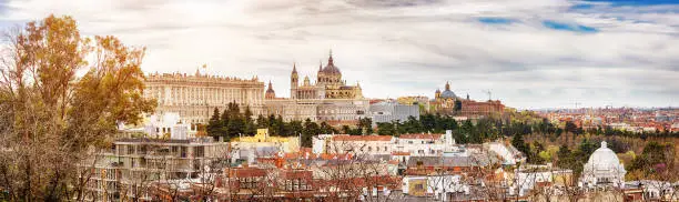 Panoramic view on the St. Mary Royal of the Almudena and the Royal Palace in Madrid, Spain. Concept of the tourism and famous places.
