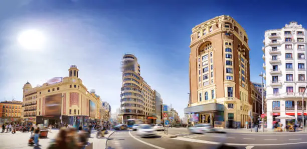 Photo of Panoramic view of the Callao square with business skyscrapers and big traffic.