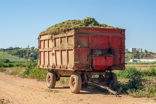 Image of the front of a farm trailer loaded with fodder for livestock.