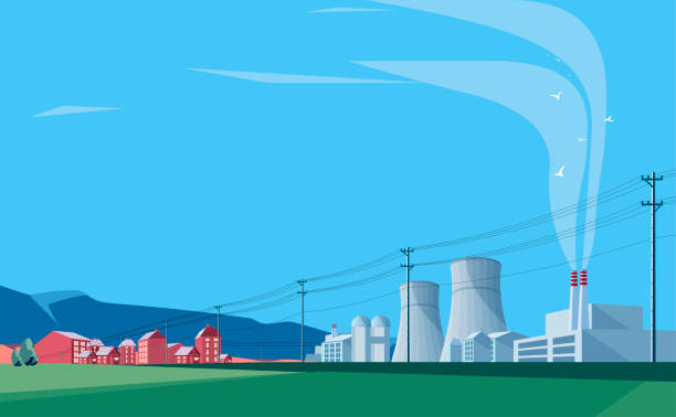 illustrazioni stock, clip art, cartoni animati e icone di tendenza di il paesaggio urbano delle città e delle centrali elettriche e dei pali verticali - coal fired power station