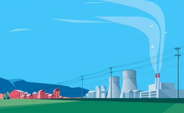 Vector illustration of The urban landscape of  towns and power station and vertical utility poles