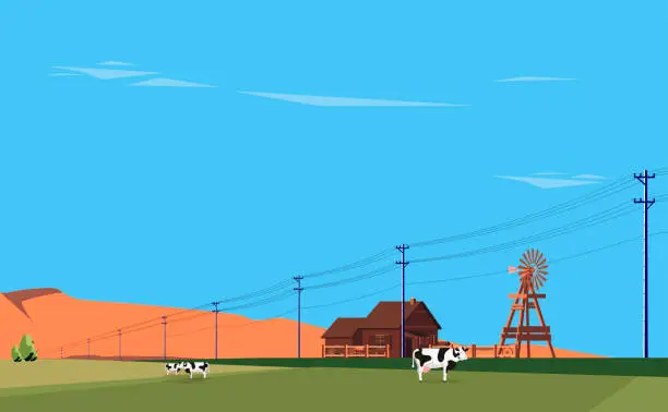 Vector illustration of Idyllic Farm Scene. Holstein Cattle and Old Windmill in a Field