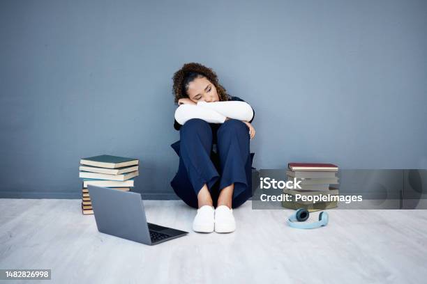 Nurse Stress And Medical Student Depression On Laptop Research Books Or Hospital Fatigue In Learning Burnout Tired Sad And Healthcare Woman By Technology In Medicine Internship Anxiety On Mock Up Stock Photo - Download Image Now