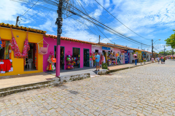 Arraial d'Ajuda, district of Porto Seguro, BA, Brazil - January 04, 2023: local businesses that sell handicrafts and souvenirs to tourists in the Historic Center of Arraial d'Ajuda.