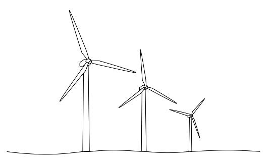 continuous single line drawing of wind farm, renewable energy wind turbines line art vector illustration