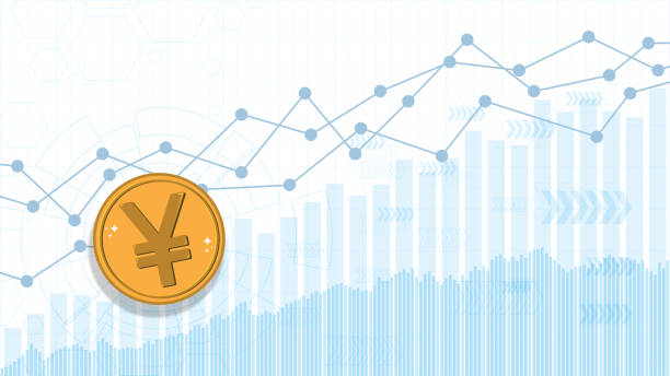 ilustrações, clipart, desenhos animados e ícones de moeda yuan dourada brilhante em um gráfico financeiro inclinado - renminbi